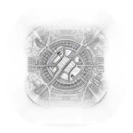 A realism style tattoo of a football field with Lord of The Rings landmarks incorporated into the scenery tattoo design idea