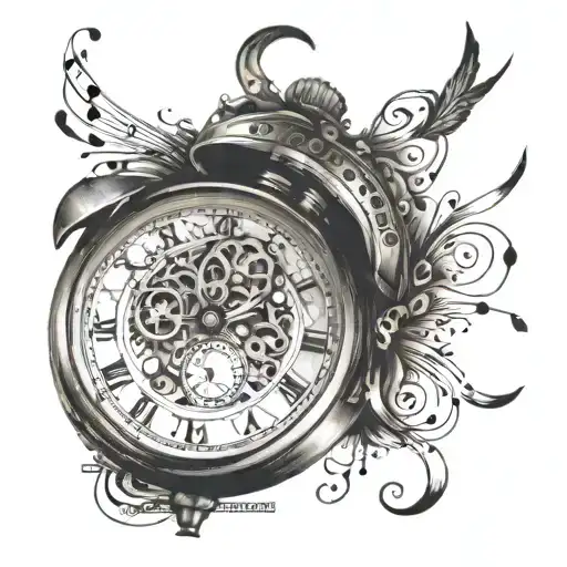 A dotwork tattoo of a vintage watch with music notes flowing out of it like a melody tattoo design idea