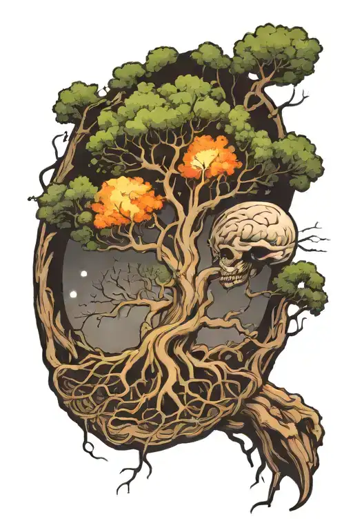 a tree with roots connected to a brain and this connected to the universe tattoo design idea