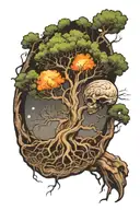 a tree with roots connected to a brain and this connected to the universe tattoo design idea