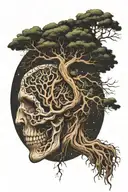 a tree with roots connected to a brain and this connected to the universe tattoo design idea