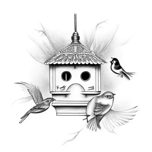 Birdhouse with different birds tattoo design idea