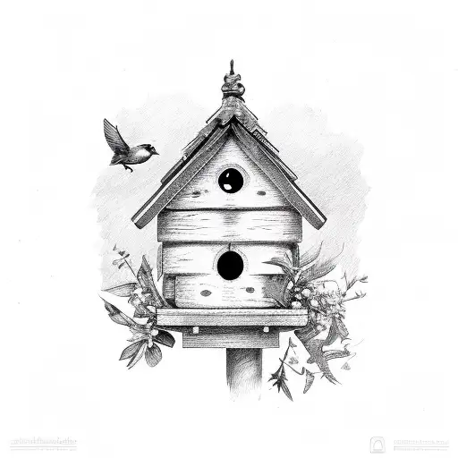 Birdhouse with different birds tattoo design idea