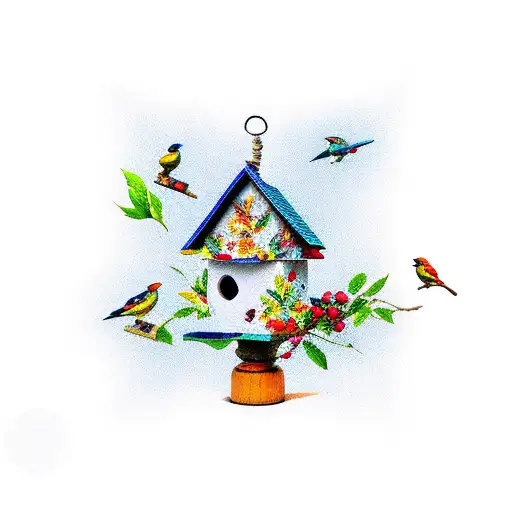 Birdhouse with different birds tattoo design idea
