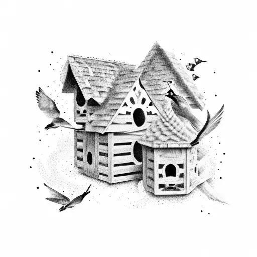 Birdhouse with different birds tattoo design idea