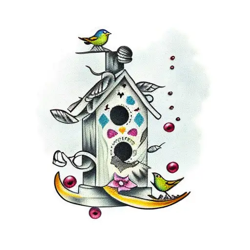 Birdhouse with different birds tattoo design idea