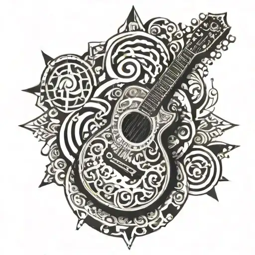 Half sleeve, Christian Cross, Aztec calendar with guitar in the center. Tribal style Cristian cross, music notes,  tattoo design idea