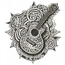 Half sleeve, Christian Cross, Aztec calendar with guitar in the center. Tribal style Cristian cross, music notes,  tattoo design idea