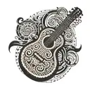 Half sleeve, Christian Cross, Aztec calendar with guitar in the center. Tribal style Cristian cross, music notes,  tattoo design idea