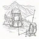 A sketch of a mountain landscape with a backpack and fishing rod tattoo design idea