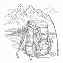 A sketch of a mountain landscape with a backpack and fishing rod tattoo design idea