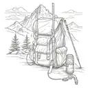 A sketch of a mountain landscape with a backpack and fishing rod tattoo design idea