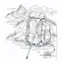 A sketch of a mountain landscape with a backpack and fishing rod tattoo design idea