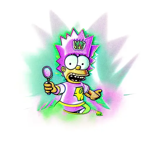 Bart simpson dressed with nike clothes and jordan shoes hugging a purple and green marijuana flower  tattoo design idea