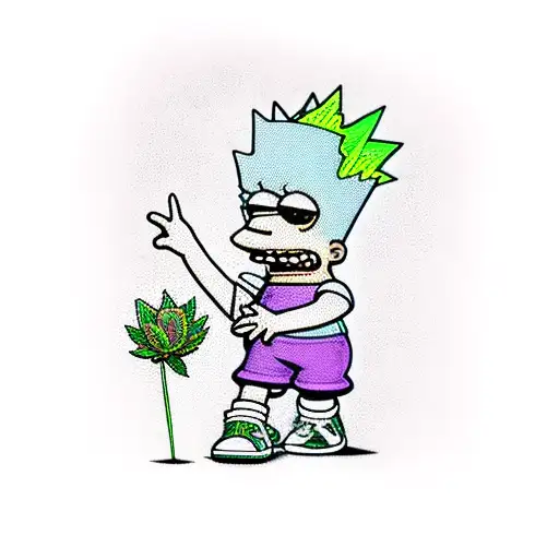 Bart simpson dressed with nike clothes and jordan shoes hugging a purple and green marijuana flower  tattoo design idea