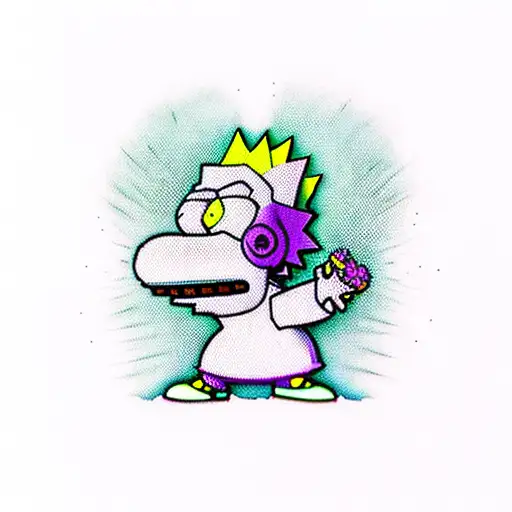 Bart simpson dressed with nike clothes and jordan shoes hugging a purple and green marijuana flower  tattoo design idea