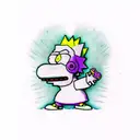 Bart simpson dressed with nike clothes and jordan shoes hugging a purple and green marijuana flower  tattoo design idea