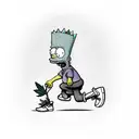 Bart simpson dressed with nike clothes and jordan shoes hugging a purple and green marijuana flower  tattoo design idea