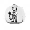 Bart simpson dressed with nike clothes and jordan shoes hugging a purple and green marijuana flower  tattoo design idea