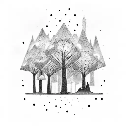 A dotwork tattoo of a rave scene with trees and nature elements merging into the background tattoo design idea
