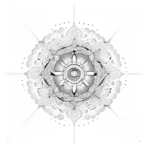 A psychedelic mandala with a tree at its center surrounded by melted fluid patterns tattoo design idea