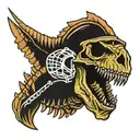 A dinosaur skeleton with a military helmet on, symbolizing strength and resilience tattoo design idea