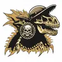 A dinosaur skeleton with a military helmet on, symbolizing strength and resilience tattoo design idea