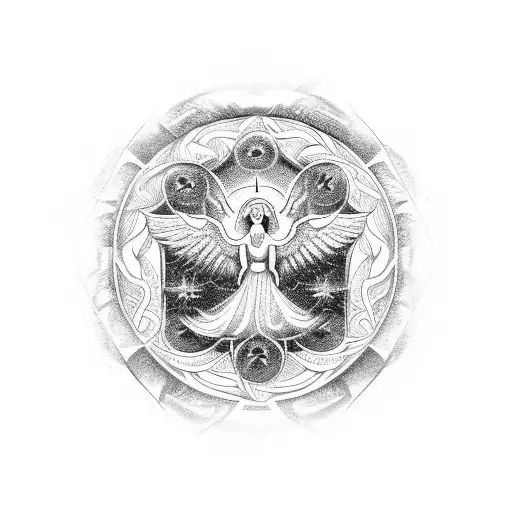 An intricately designed seal of the archangels surrounded by celestial beings tattoo design idea