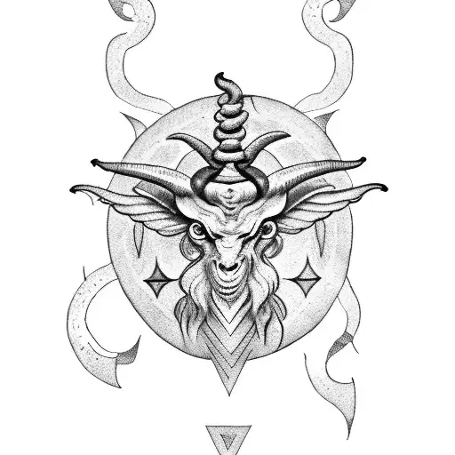 baphomet with ancient mystical symbols, magic around it, sacred symbols intertwined in an arm tattoo tattoo design idea