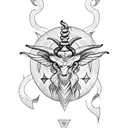 baphomet with ancient mystical symbols, magic around it, sacred symbols intertwined in an arm tattoo tattoo design idea