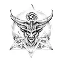 baphomet with ancient mystical symbols, magic around it, sacred symbols intertwined in an arm tattoo tattoo design idea
