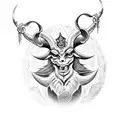 baphomet with ancient mystical symbols, magic around it, sacred symbols intertwined in an arm tattoo tattoo design idea