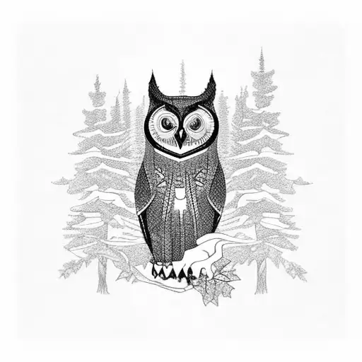 A blackwork tattoo of a hiking trail winding through a forest, with an owl and crow perched on branches tattoo design idea