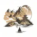 Design a tattoo featuring a mountain landscape with a temple at the peak, surrounded by flowing musical symbols tattoo design idea