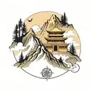 Design a tattoo featuring a mountain landscape with a temple at the peak, surrounded by flowing musical symbols tattoo design idea