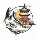 Design a tattoo featuring a mountain landscape with a temple at the peak, surrounded by flowing musical symbols tattoo design idea