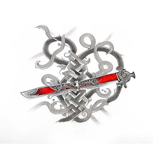 cross with sword and vines tattoo design idea