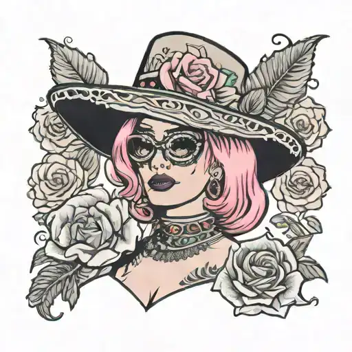 Woman dressed as a mariachi, with pink bob hair, sunglasses, freckles and piercings tattoo design idea