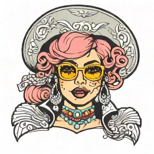 Woman dressed as a mariachi with pink bob hair, sunglasses, freckles and nose piercings tattoo design idea