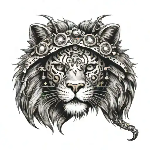 "Fierce Protector: A black sabre tooth cat in a lion's head hood, adorned with steampunk details, symbolizing love, bond tattoo design idea