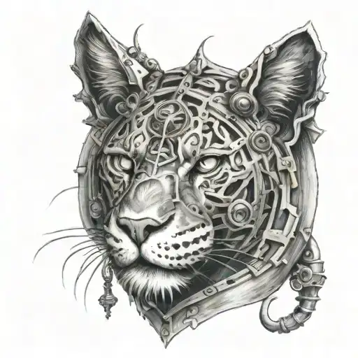  A black sabre tooth cat in a lion's head hood, adorned with steampunk details, symbolizing love, bondred dead redemptio tattoo design idea