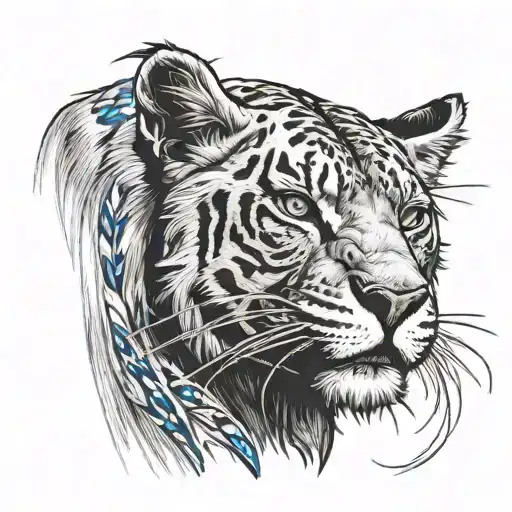  A black sabre tooth cat in a red dead redemption 2 with a lions head above the sabre tooth cats head. tattoo design idea