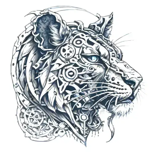 A black sabre tooth cat wearing a detailed lion's head hood with steampunk elements, creating a fierce and protective  tattoo design idea
