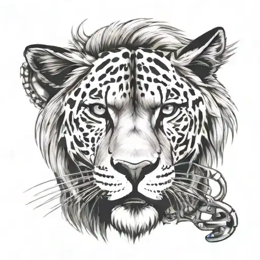 red dead redemption 2 with a lions head above the sabre tooth cats head.. Black sabre tooth pussycat wearing a lions hea tattoo design idea