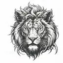  A black sabre tooth cat in a red dead redemption 2 with a lions head above the sabre tooth cats head. tattoo design idea