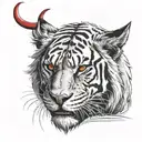  A black sabre tooth cat in a red dead redemption 2 with a lions head above the sabre tooth cats head. tattoo design idea