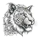 A black sabre tooth cat wearing a detailed lion's head hood with steampunk elements, creating a fierce and protective  tattoo design idea