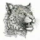 A black sabre tooth cat wearing a detailed lion's head hood with steampunk elements, creating a fierce and protective  tattoo design idea