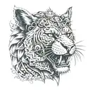 A black sabre tooth cat wearing a detailed lion's head hood with steampunk elements, creating a fierce and protective  tattoo design idea