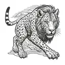 red dead redemption 2 with a lions head above the sabre tooth cats head.. Black sabre tooth pussycat wearing a lions hea tattoo design idea